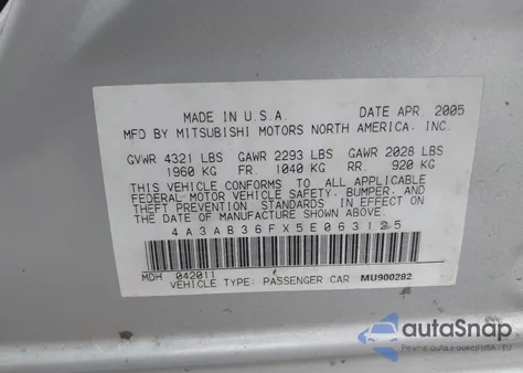 2005 Mitsubishi Galant Es/Se из США, поврежденный, VIN 4A3AB36FX5E063125